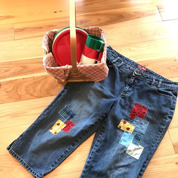 Upcycled Patchwork Capris Jeans: Handmade Summer Picnic Theme Patches, Size 14 - Picture 8 of 10